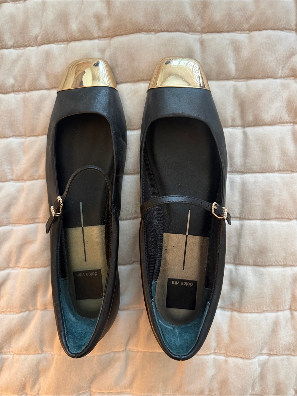 Dolce Vita Black Leather Mary Jane Flats with Gold Cap Toe Detail